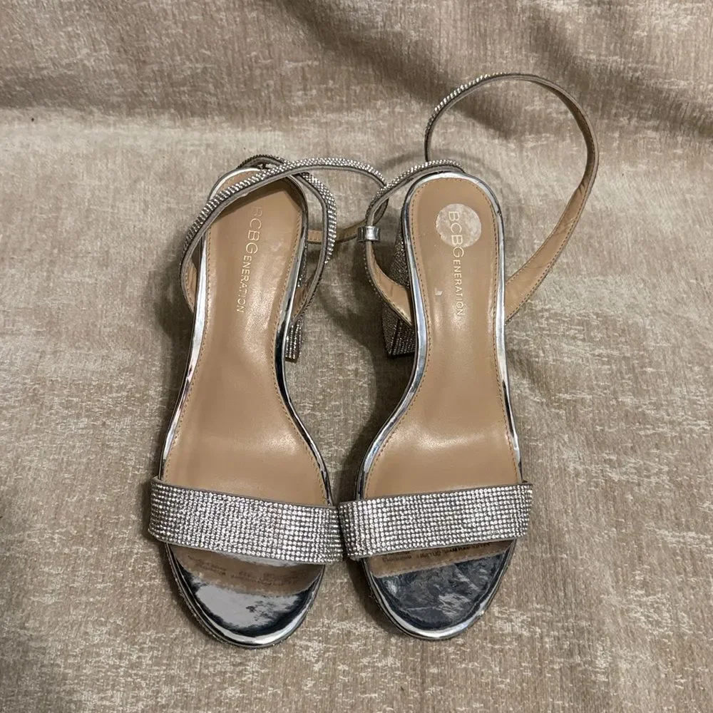BCBGeneration Shimmering Silver Block Heels